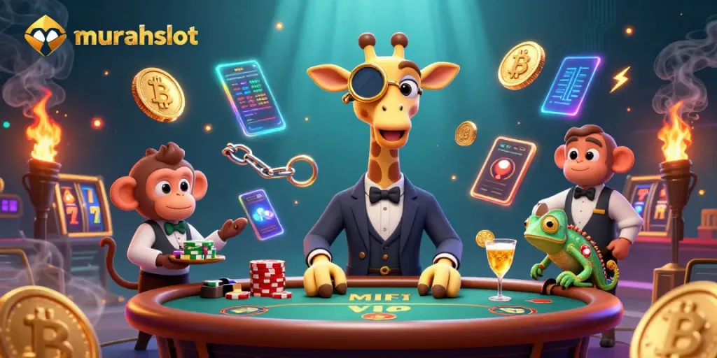 Engage with murahslot as a high-roller giraffe plays poker amidst vibrant, animated casino elements.