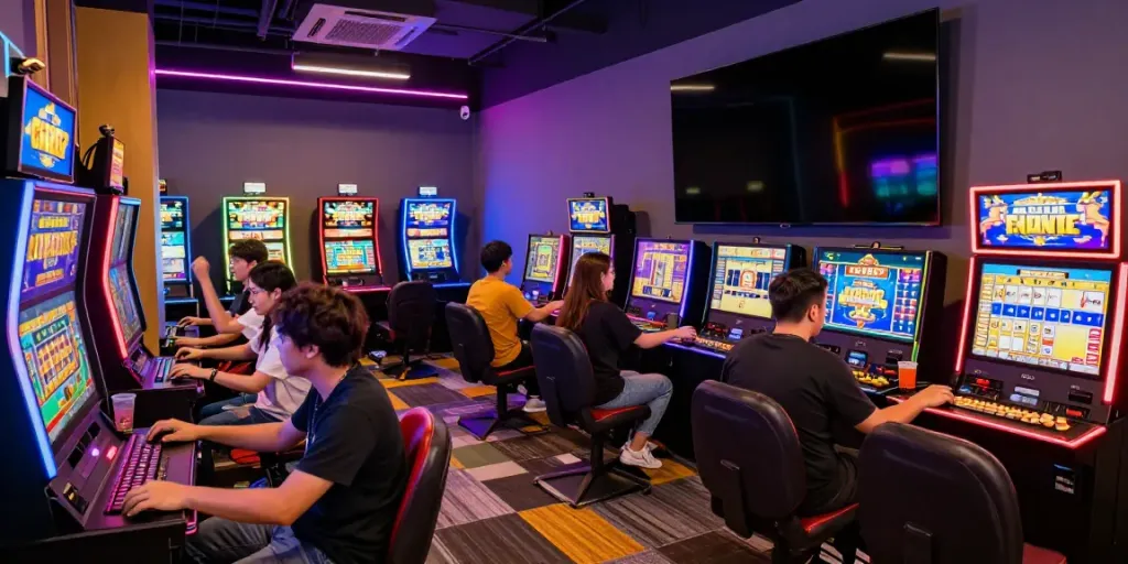 Players enjoying thrilling slot gacor games in a vibrant gaming lounge.