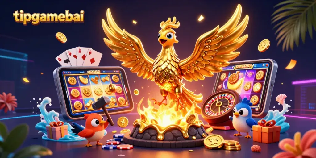 Experience winning thrills at tipgamebai with 3D golden phoenix and dazzling casino elements.