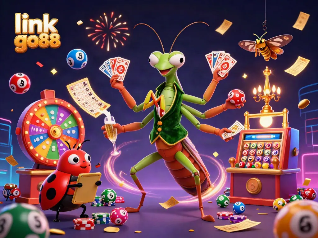 Engage with link go88 through a vibrant casino scene filled with lottery balls, cards, and festive characters.