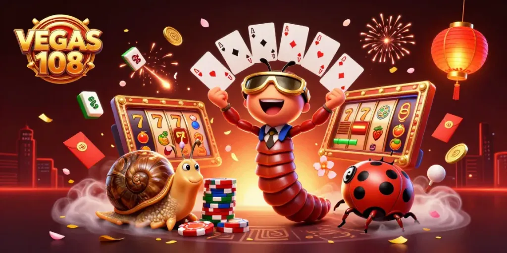 VEGAS108 memperlihatkan dealer kartun dalam suasana kasino dengan elemen permainan berkilau.