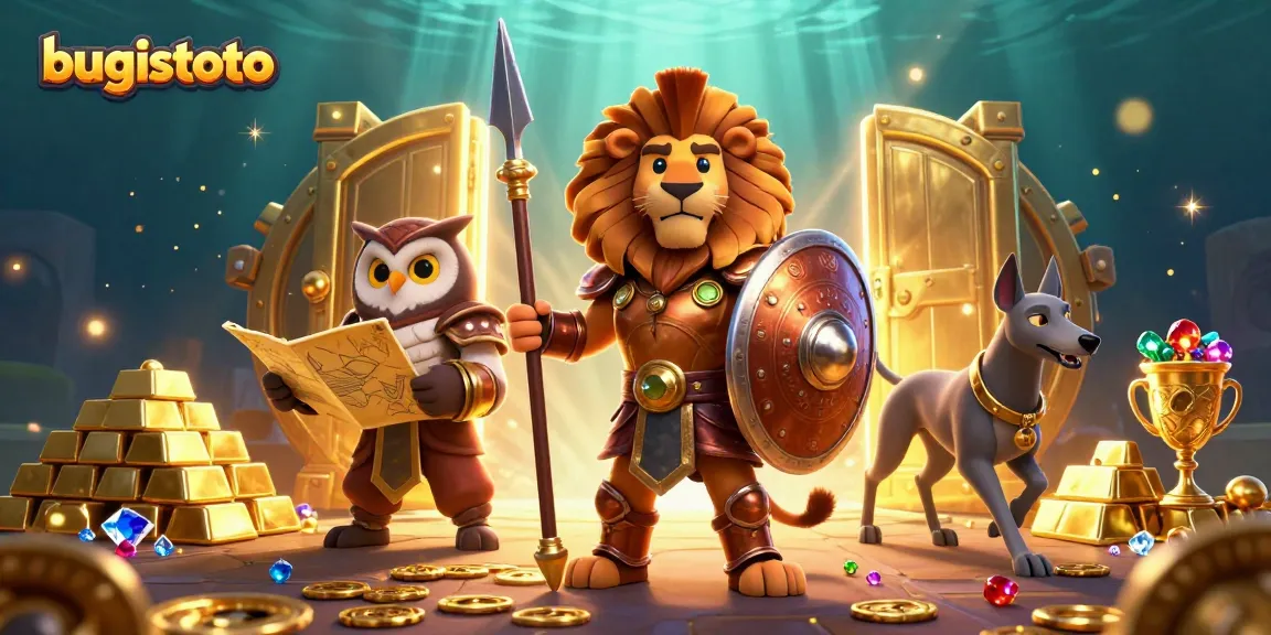 Gambar bugistoto menampilkan singa Spartan dalam armor, dikelilingi harta karun dan strategi.