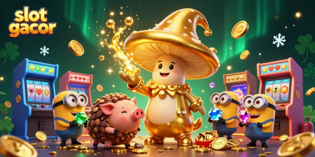 Experience flashy slot gacor action with golden mushroom wizard, treasures, and arcade elements in this vibrant 3D illustration.