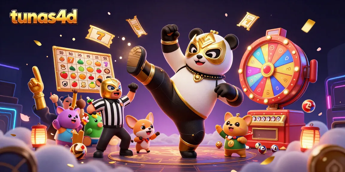 Experience the excitement of tunas4d with a dynamic scene of a lucha libre panda kicking amidst colorful gaming elements.