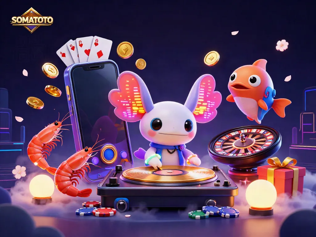 The SOMATOTO portal showcases an animated axolotl DJ and underwater gaming excitement.